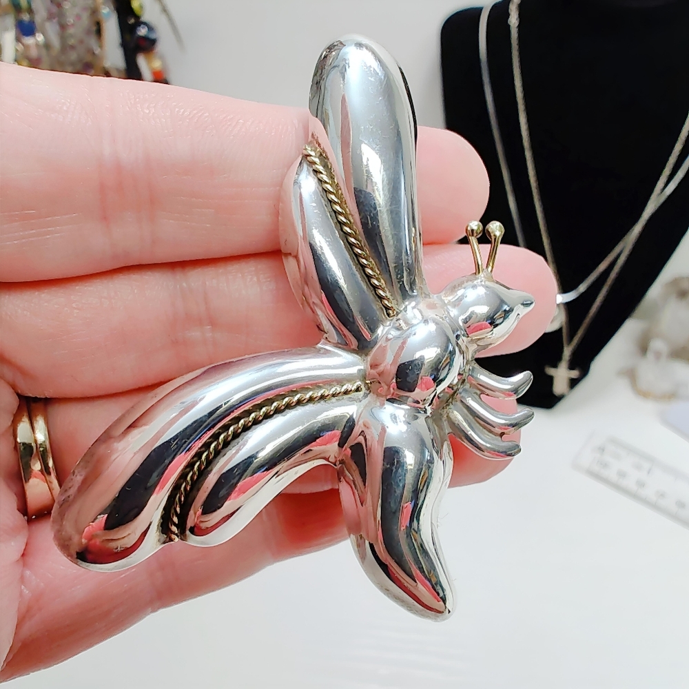 Vintage Taxco LARGE Sterling Silver Puffy Firefly Necklace Pendant Brooch Pin - Picture 4 of 11